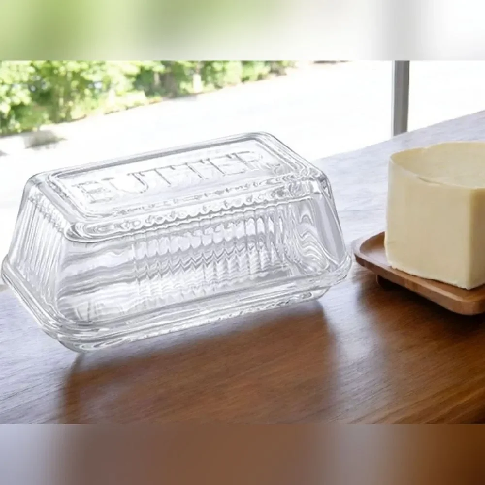 Clear Glass Butter Dish With Ribbed Sides And Embossed Letters Farmhouse